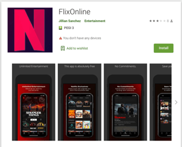 flixonline, la fake netflix app. La pagina del play store