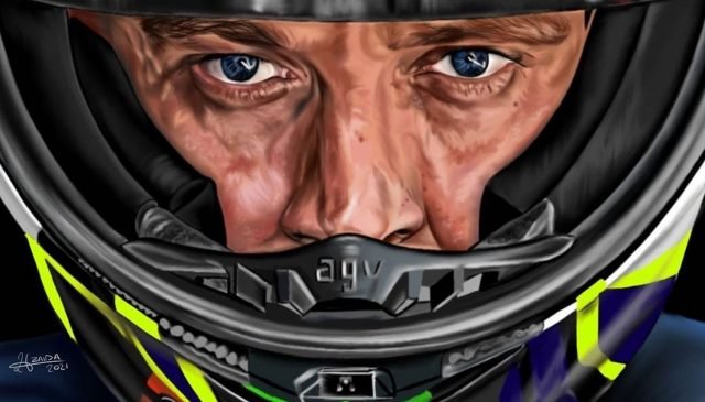 Una illustrazione di Valentino Rossi nel suo casco AGV fatta da Zaida Fernández