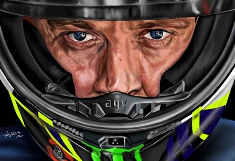 Una illustrazione di Valentino Rossi nel suo casco AGV fatta da Zaida Fernández