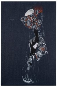 Un'opera di Marta Spagnoli su tela jeans Candiani