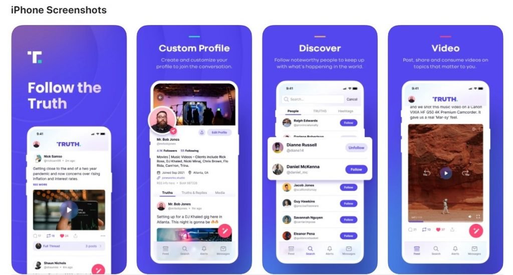 gli screenshot dell'applicazione Truth social di Donald Trump