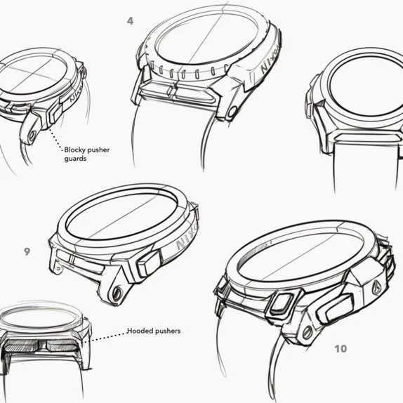 schizzi progettuali di orologi Nixon