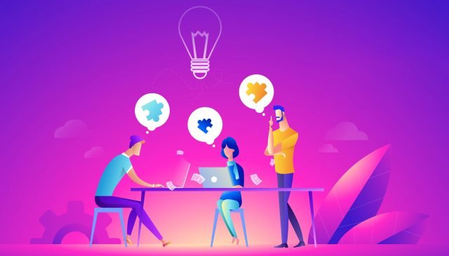 Business meeting and brainstorming. Idea and business concept for teamwork. Vector illustration template with people, team, light bulb and icon