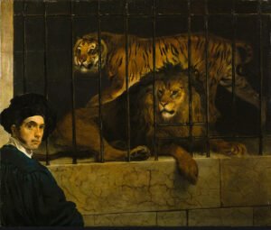 Francesco Hayez Un leone e una tigre entro una gabbia con il ritratto del pittore 1831 olio su tavola, 43 x 51 cm Milano, Museo Poldi Pezzoli
