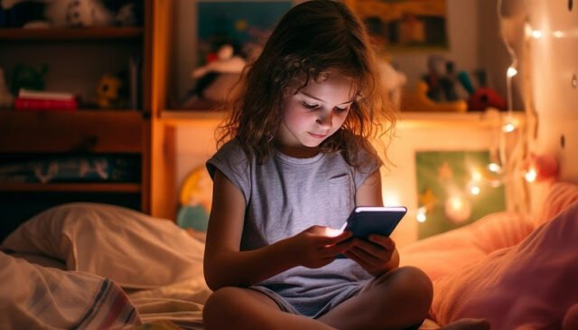 una ragazzina gioca col cellulare di sera