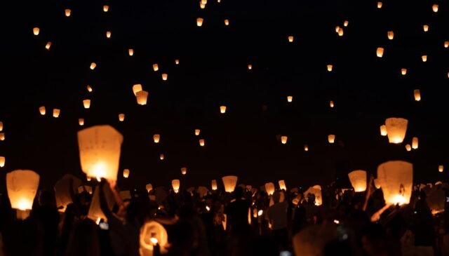 flying lanterns at night