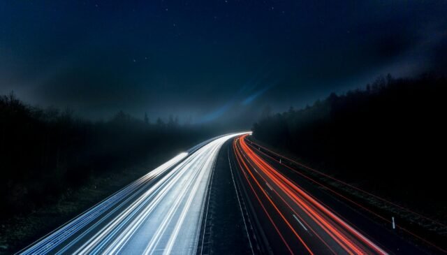 light trails on highway at night