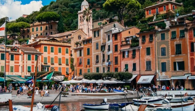 boats on the sea and portofino village in italy