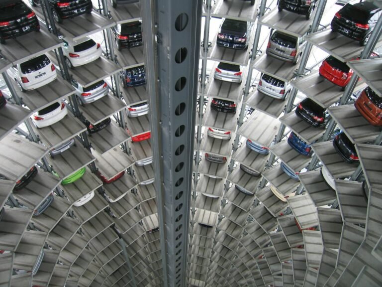 vehicles parked inside elevated parking lot