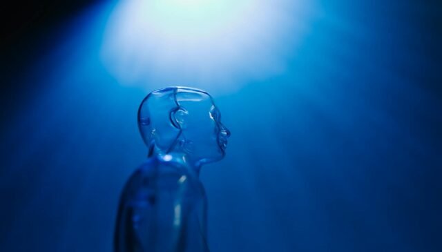 clear mannequin on dark blue background