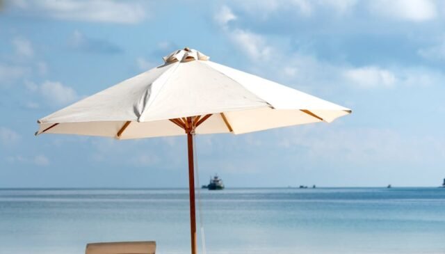 two brown wooden armchairs beside umbrella near seashore