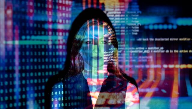 code projected over woman