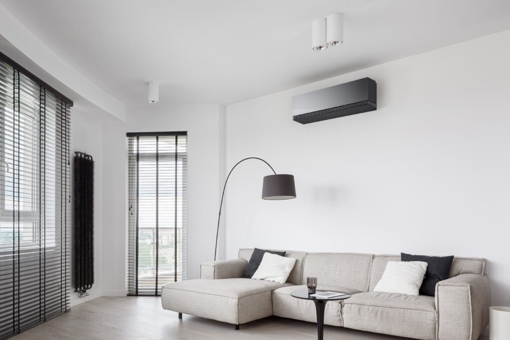 Designed living room interior in black and white with modern furniture with LG Air Conditionair