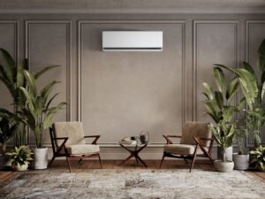 Gray loft interior with armchairs, coffee table, tropical plants and decor. 3d render illustration with LG Air Conditionair
