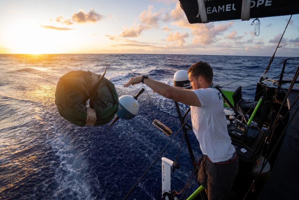 The Ocean Race 2022-23 - 24 March 2023, Leg 3, GUYOT environnement - Team Europe delivery. After a repair on the hull, the boat crosses the Atlantic heading to Itajaí. Phillip Kasüske deploys the surface drifter buoy.