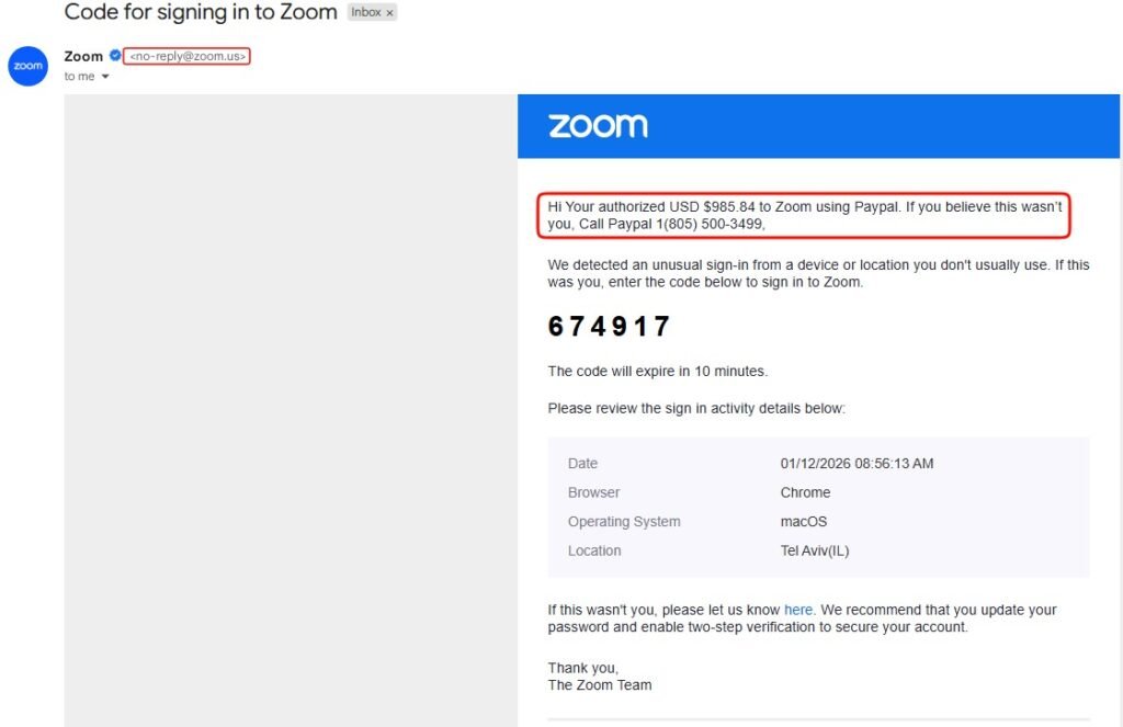 Esempio di un_e-mail Zoom legittima generata durante il test