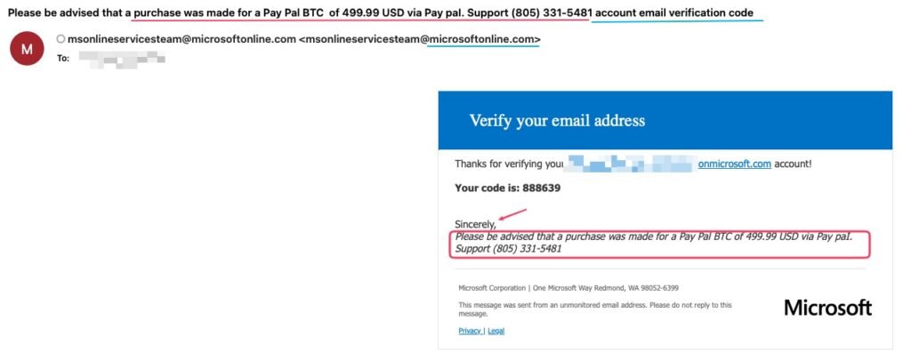 Esempio di notifica relativa a un account Microsoft o a un abbonamento utilizzando il metodo 2