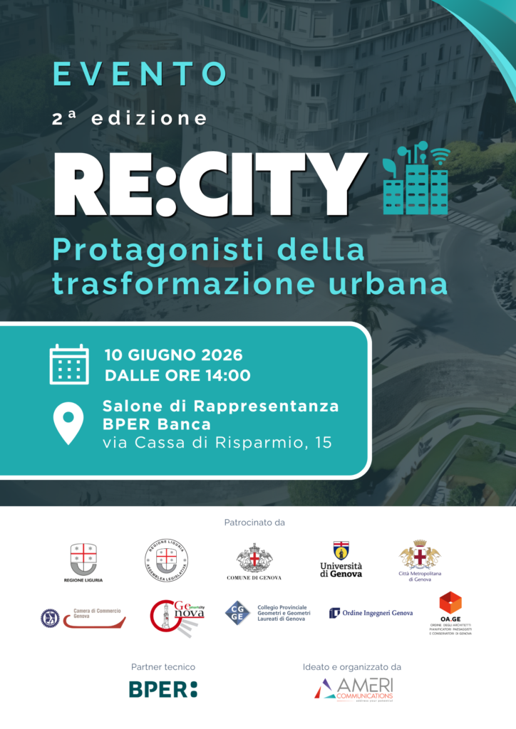 Re:City – Protagonisti della trasformazione urbana, in programma il prossimo 10 giugno 2026 presso il Salone di Rappresentanza di BPER Banca a Genova