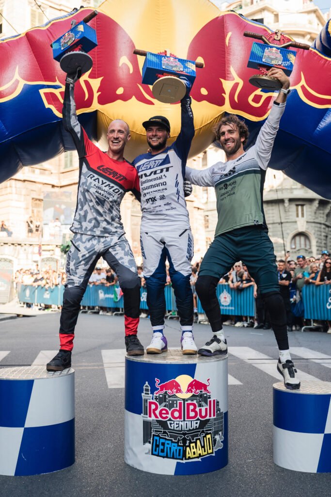 Johannes Fischbach, Roger Vieira, Adrien Loron celebrating at Red Bull Cerro Abajo in Genova, Italy on August 24, 2025. // Bartek Wolinski / Red Bull Content Pool