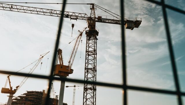 construction of modern building in city