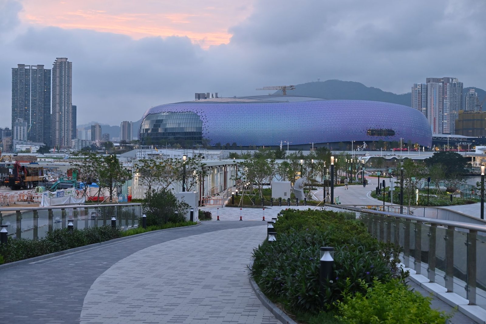modern architectural landscape at dusk